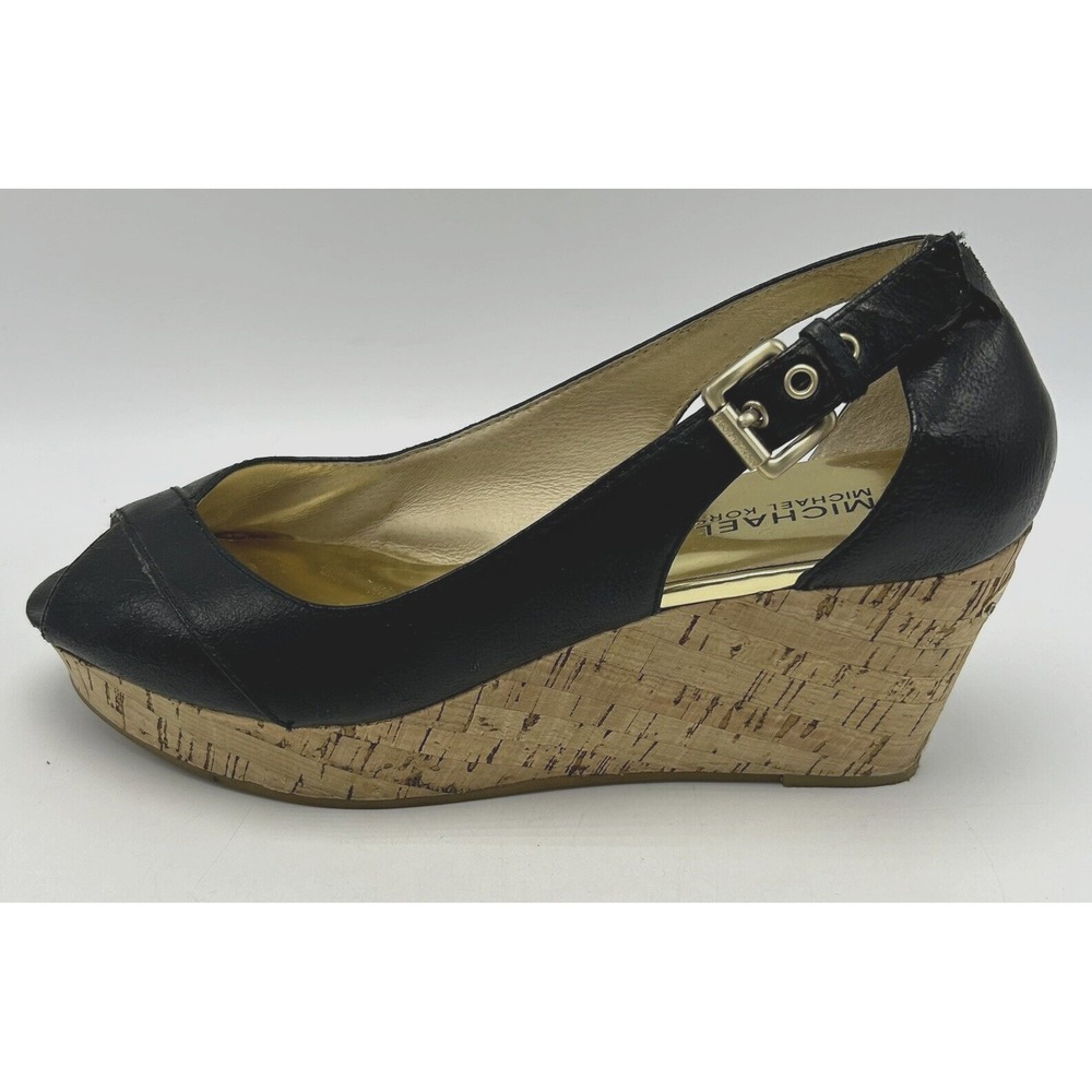 Michael Kors Wedge Sandal Womens 8.5 M Black Patent Leather Peep Toe Cork Heel